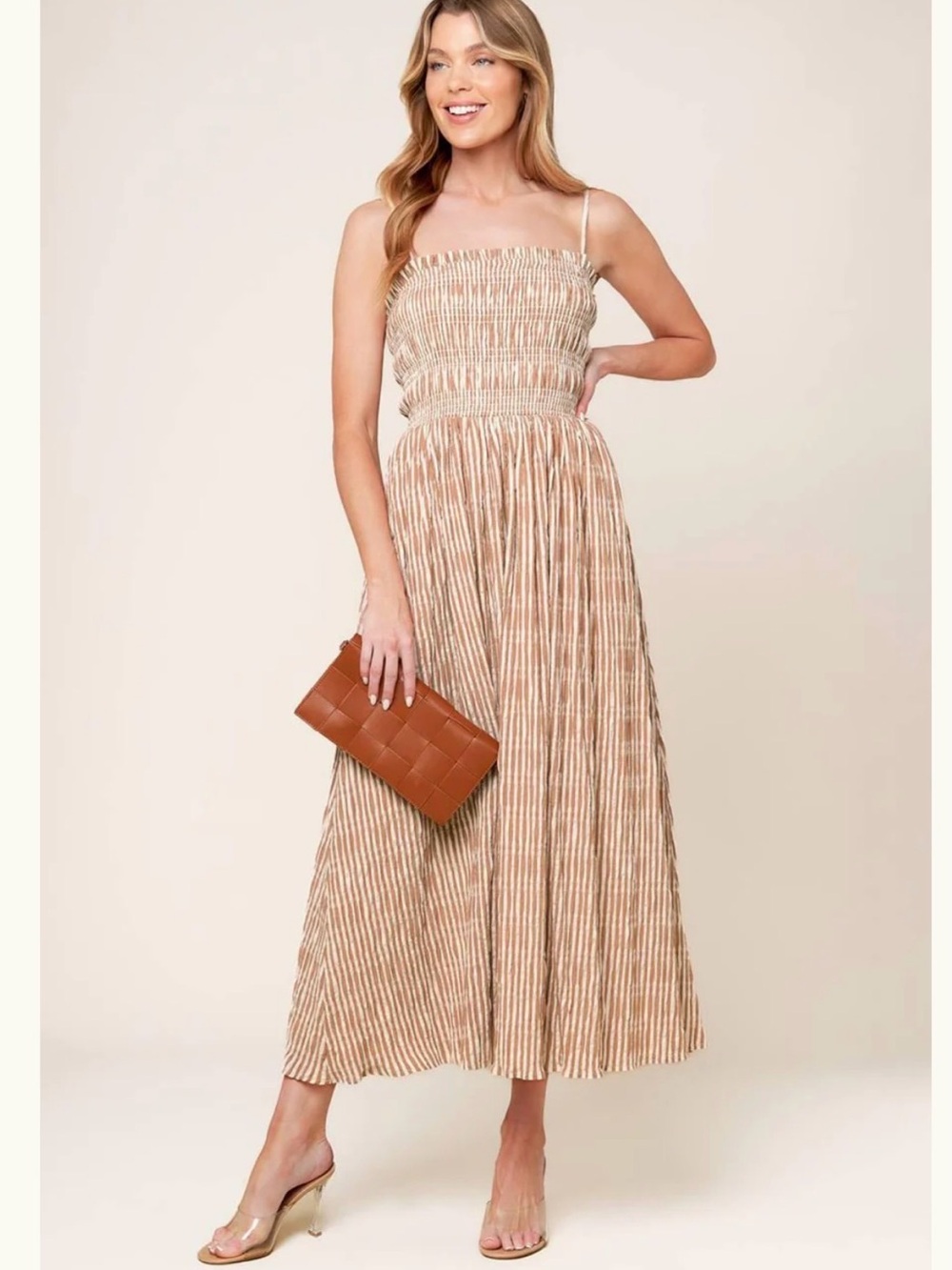 Flying Tomato Beige Stripe Smocked Maxi Dress